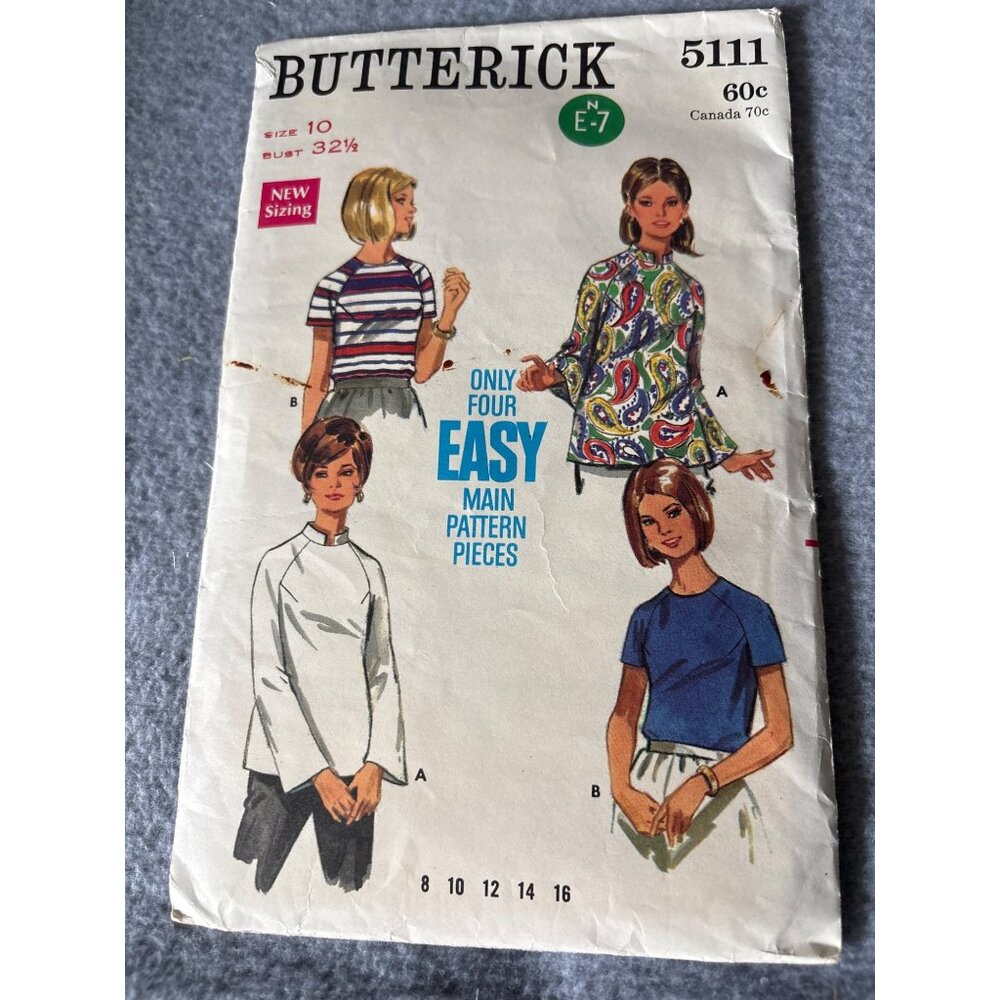 Butterick 5111 Misses Blouse Sewing Pattern Size 10 1/2 Retro 60s Style Vintage